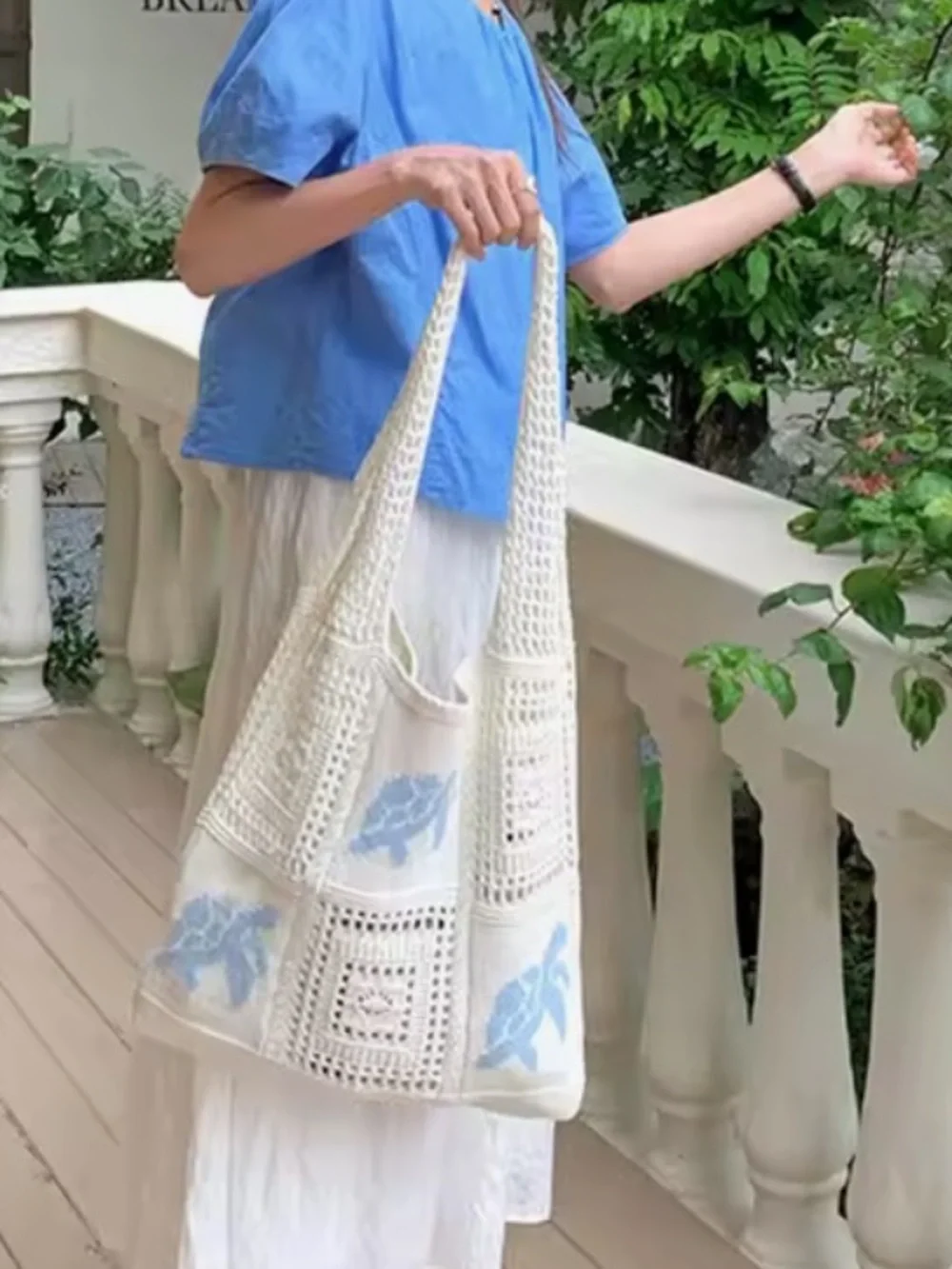 Cream Crochet Shoulder Tote with Light Blue Turtle Motif